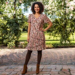 Connected Apparel Vintage Floral Mini Dress Pleated Shoulder Pads Layer A-Line